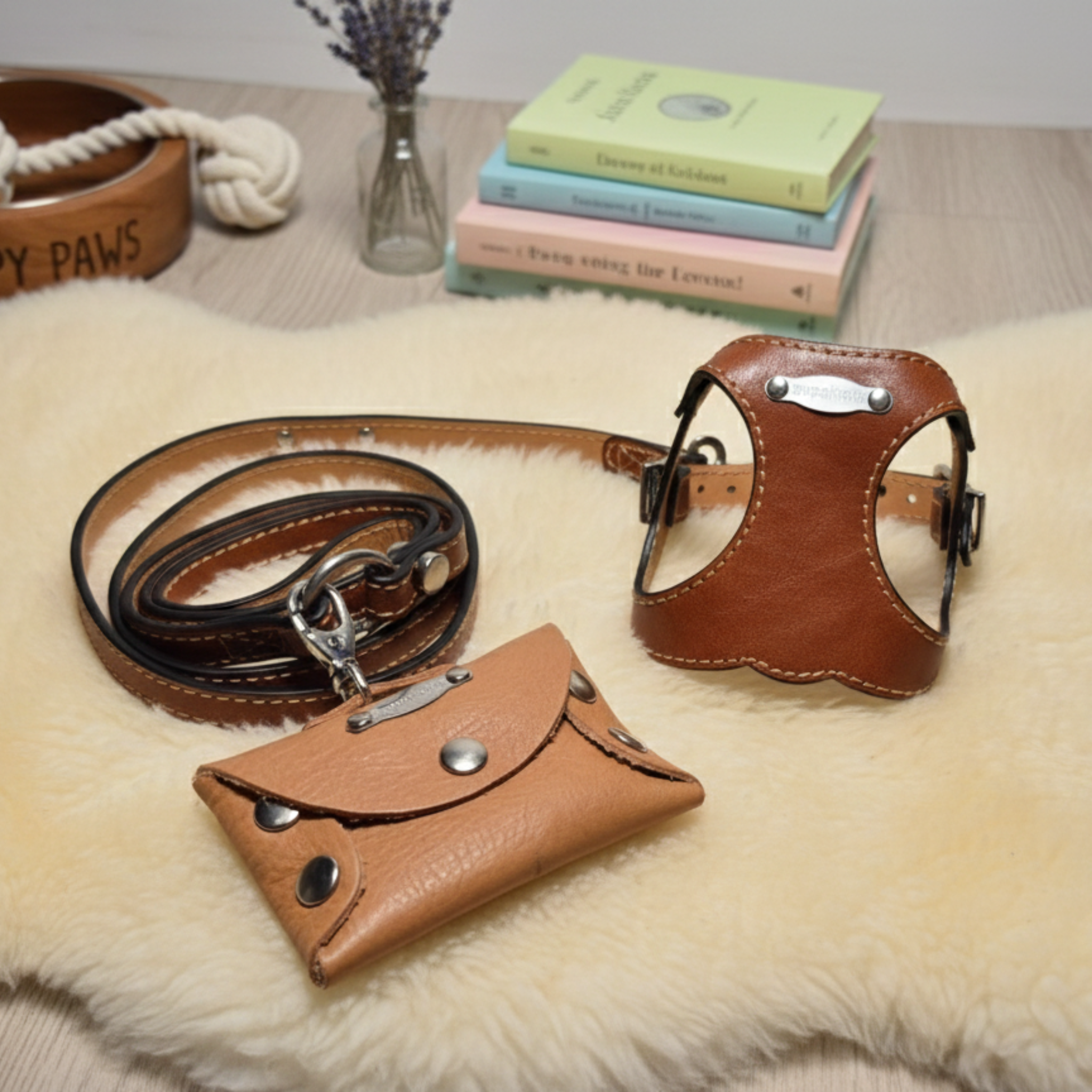 Set Pettorina e Guinzaglio in Pelle con Porta Sacchetti